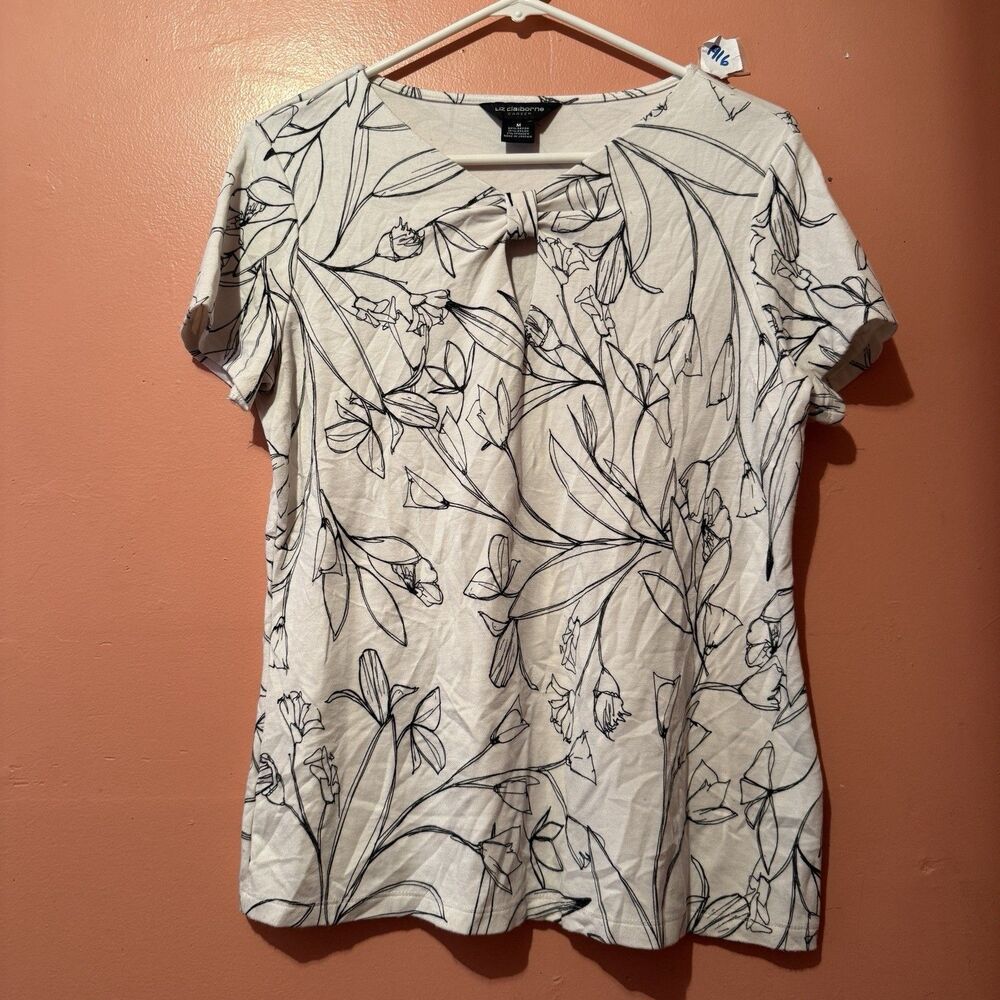 Liz Claiborne Career Womens Blouse M Medium White Short Sleeve Floral Top
